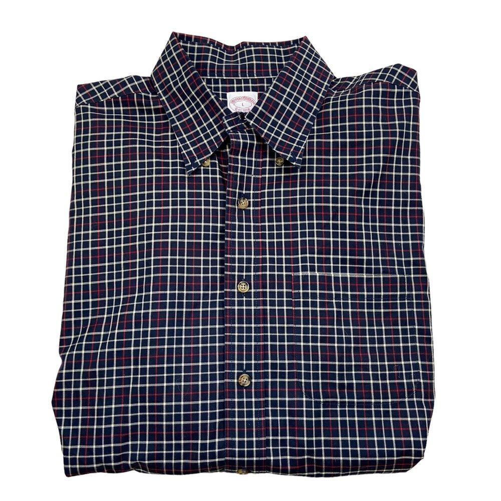 Mens Brooks Brothers Brand Casual Navy‎ and Burgundy Plaid Button Down Large